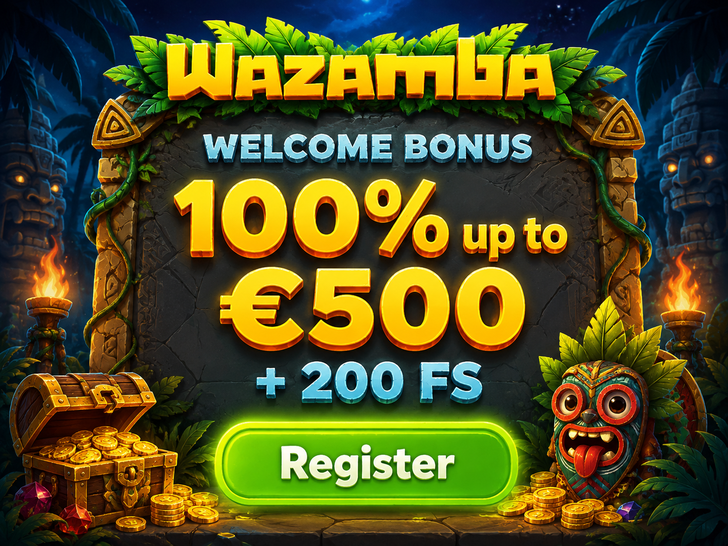 Ilustrace pokladu představující uvítací bonus a free spiny Wazamba