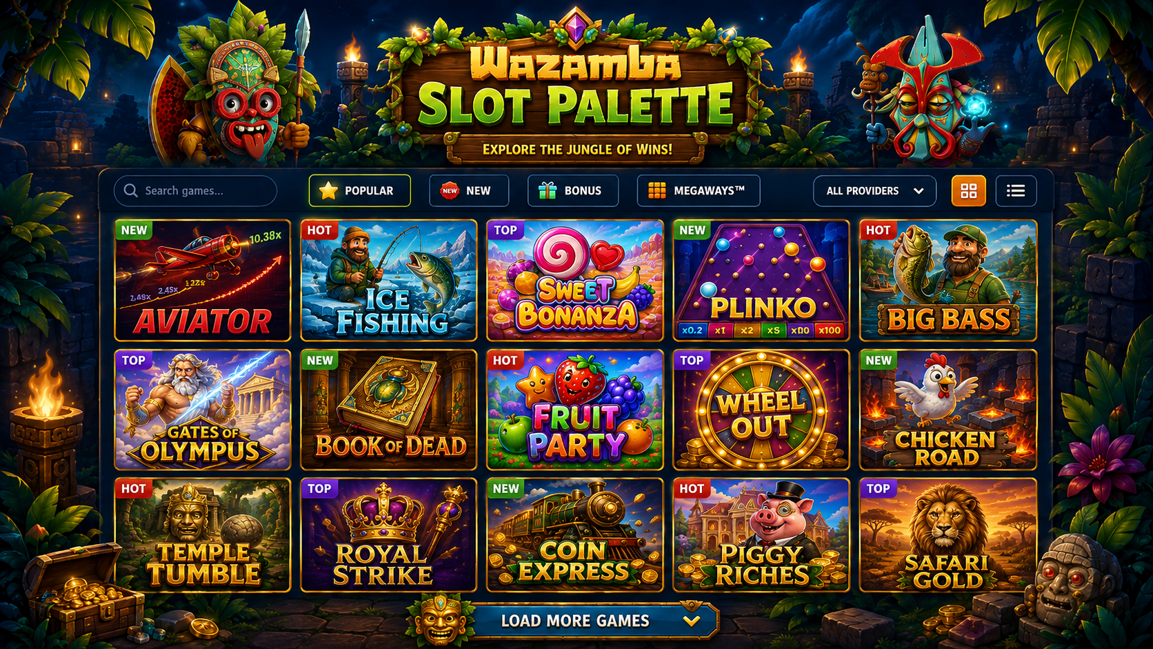 Stylizovaná mřížka dlaždic automatů a živých her Wazamba